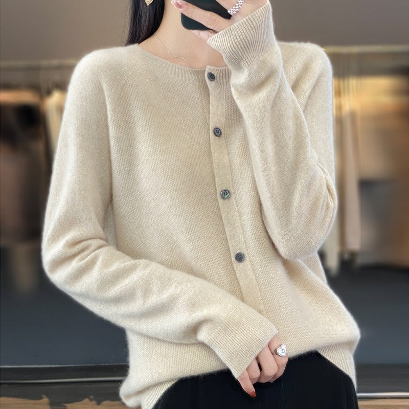 Women's knitted button front cardigan with crew neckline