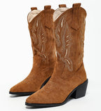 Women's brown cowboy boots with embroidered shaft panels