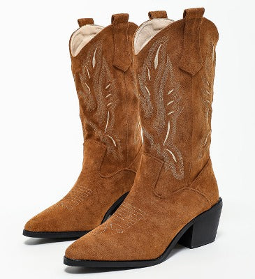 Women's brown cowboy boots with embroidered shaft panels