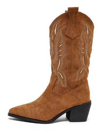 Women's brown cowboy boots with embroidered shaft panels