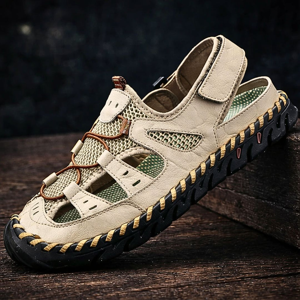Men's outdoor walking sandal with velcro straps and mesh panels in black and green