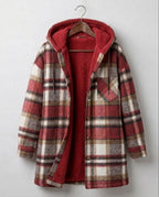 Women's plaid hooded shacket with long sleeves and front pockets