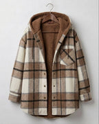 Women's plaid hooded shacket with long sleeves and front pockets