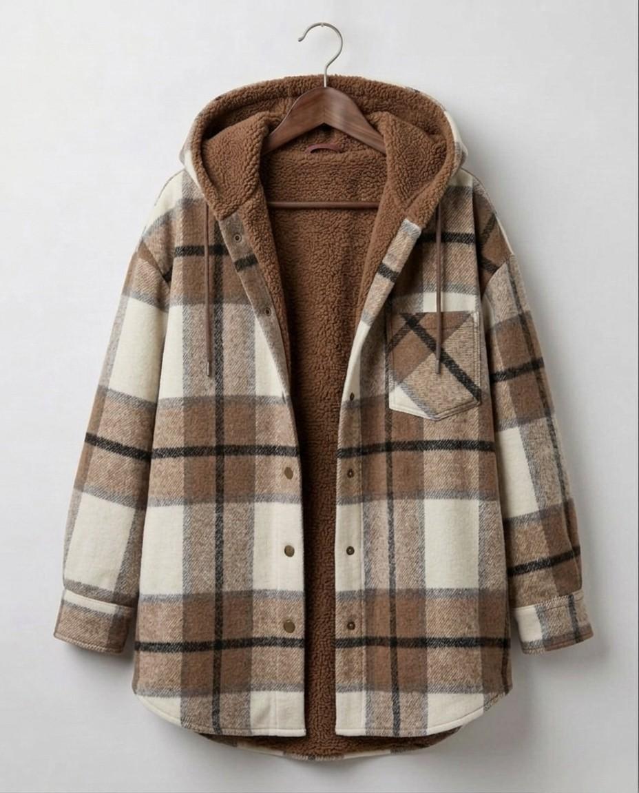 Women's plaid hooded shacket with long sleeves and front pockets