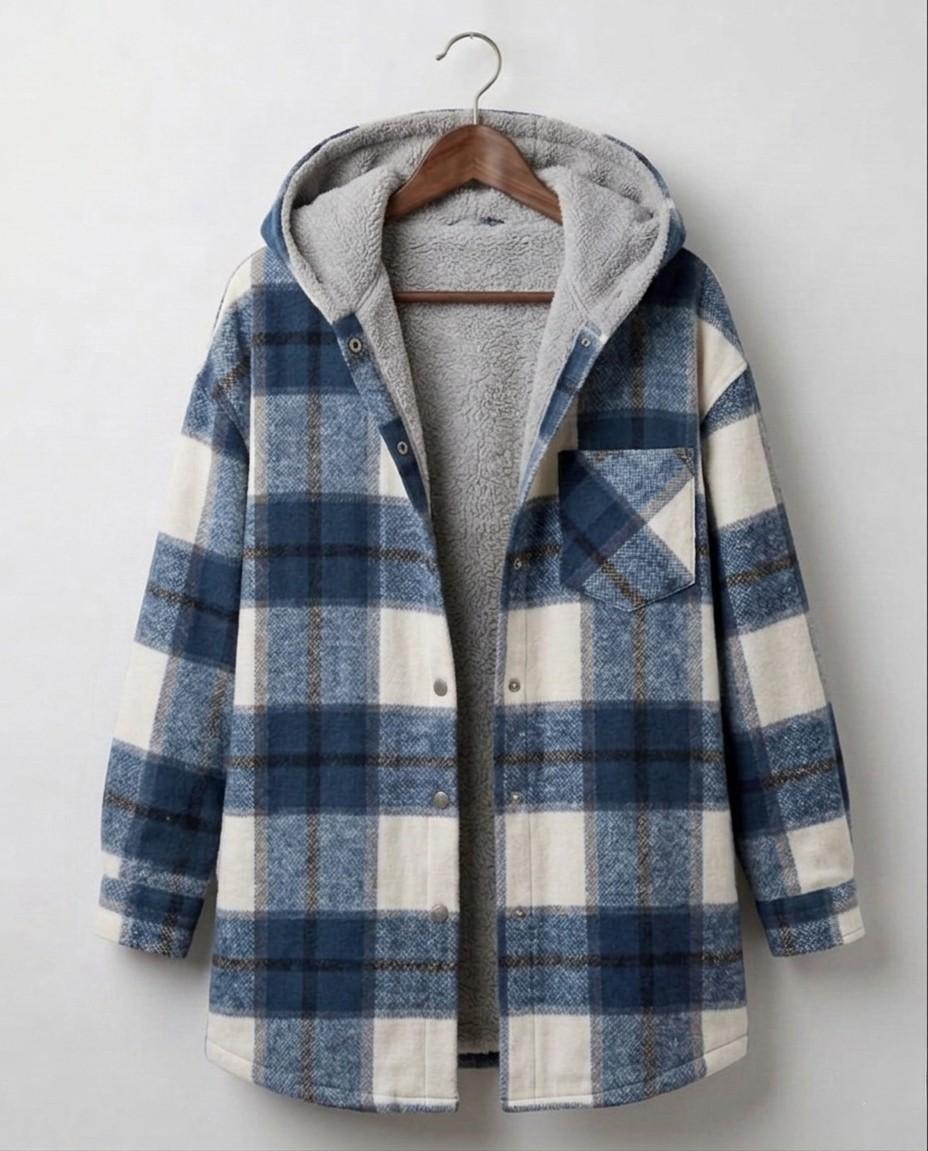 Women's plaid hooded shacket with long sleeves and front pockets