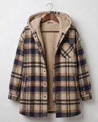 Women's plaid hooded shacket with long sleeves and front pockets