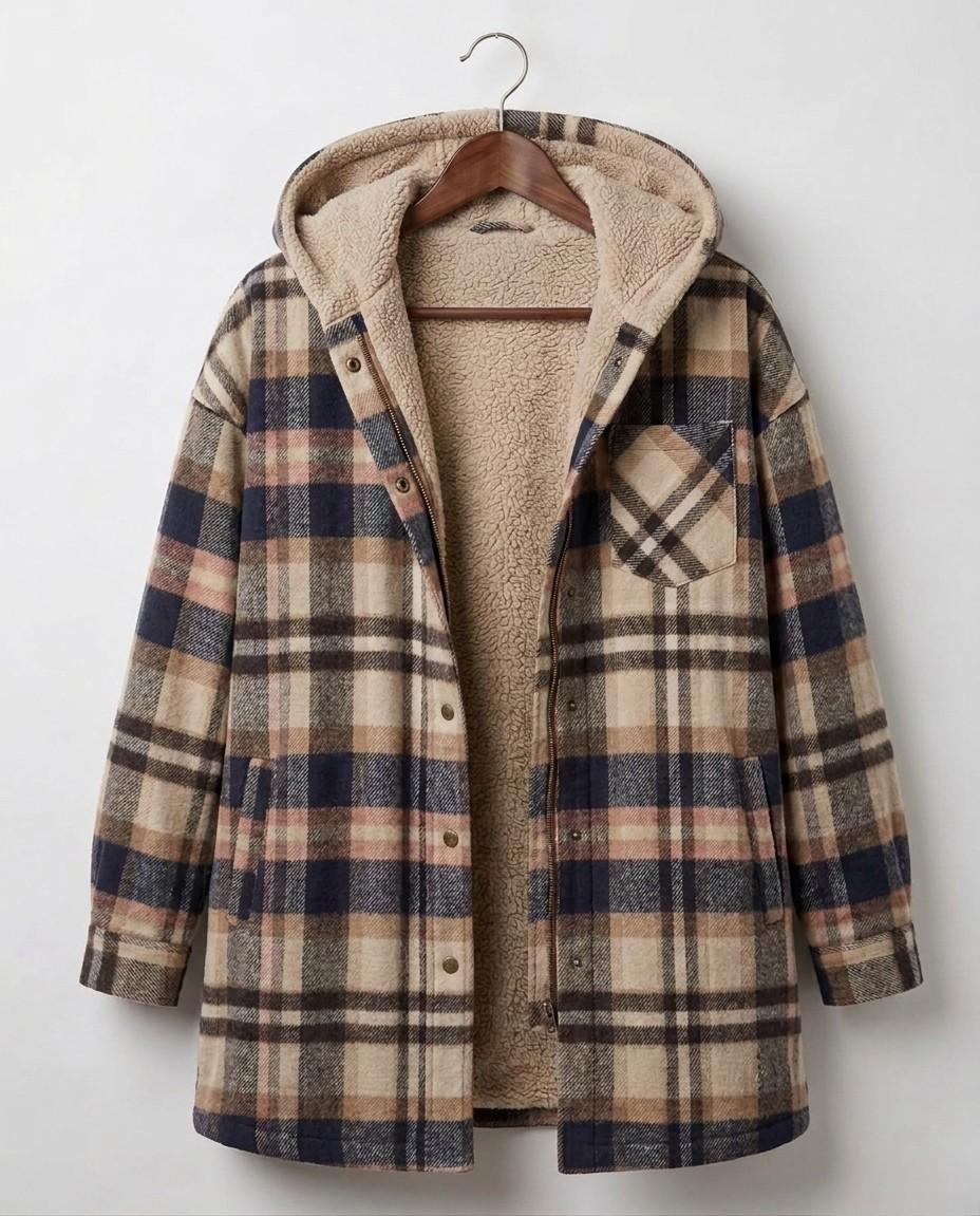 Women's plaid hooded shacket with long sleeves and front pockets