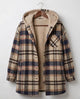 Women's plaid hooded shacket with long sleeves and front pockets