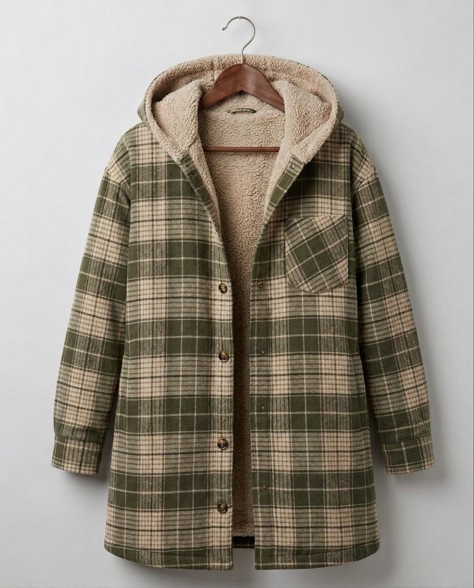Women's plaid hooded shacket with long sleeves and front pockets