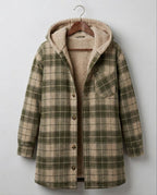 Women's plaid hooded shacket with long sleeves and front pockets