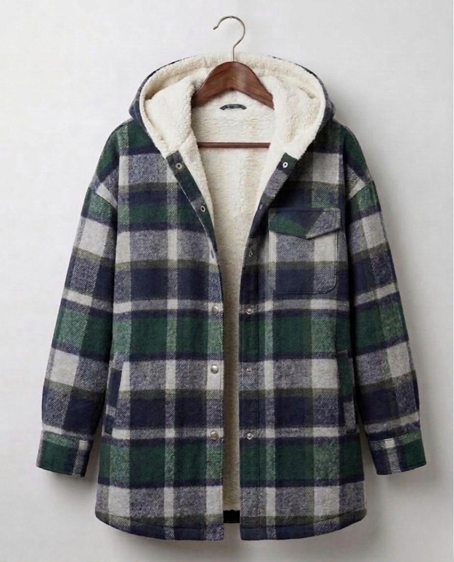 Women's plaid hooded shacket with long sleeves and front pockets