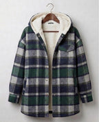 Women's plaid hooded shacket with long sleeves and front pockets