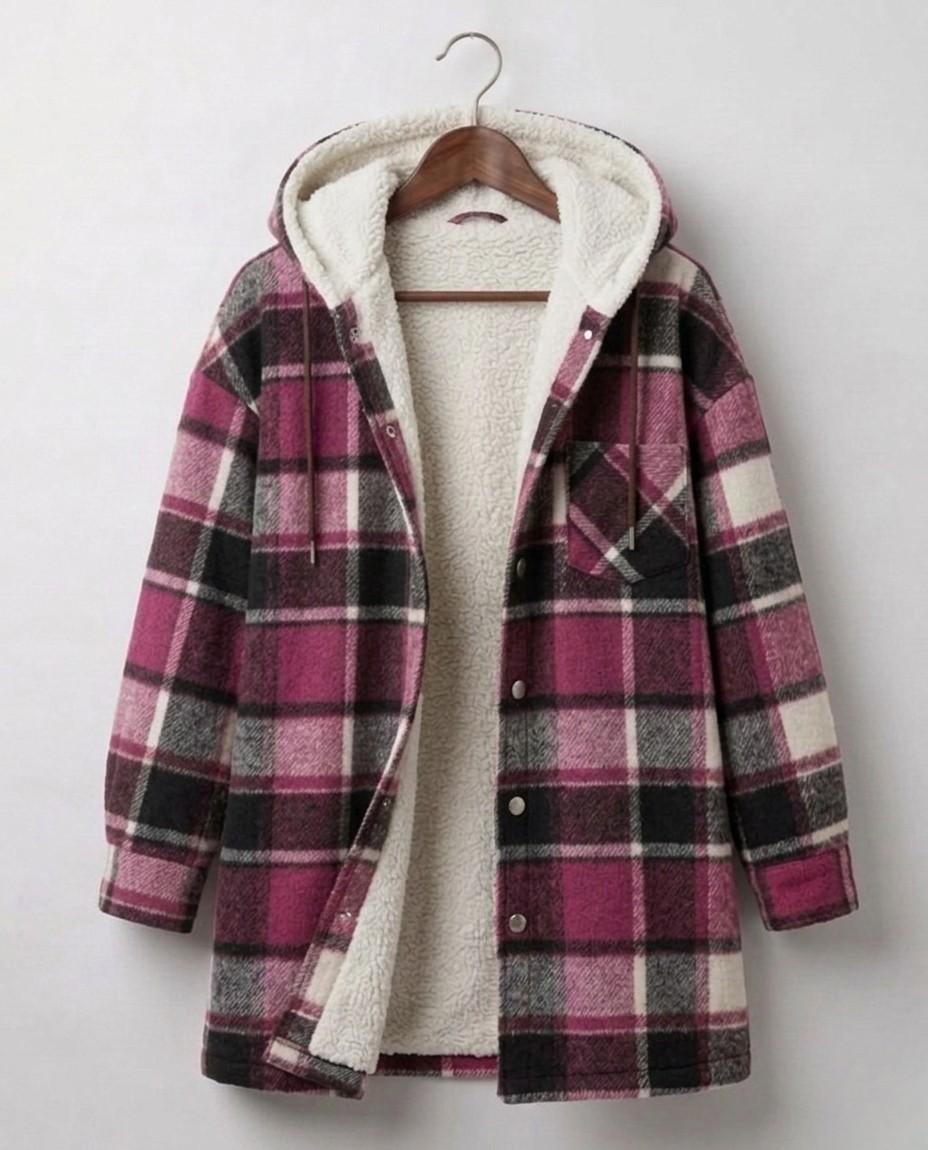 Women's plaid hooded shacket with long sleeves and front pockets