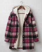 Women's plaid hooded shacket with long sleeves and front pockets