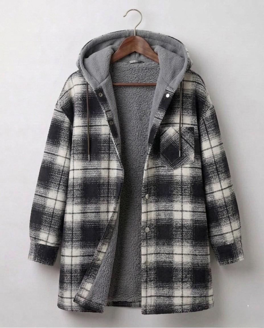 Women's plaid hooded shacket with long sleeves and front pockets
