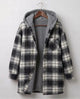Women's plaid hooded shacket with long sleeves and front pockets