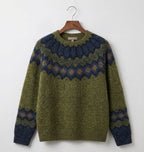 Green Nordic pattern knit jumper with crew neck and long sleeves