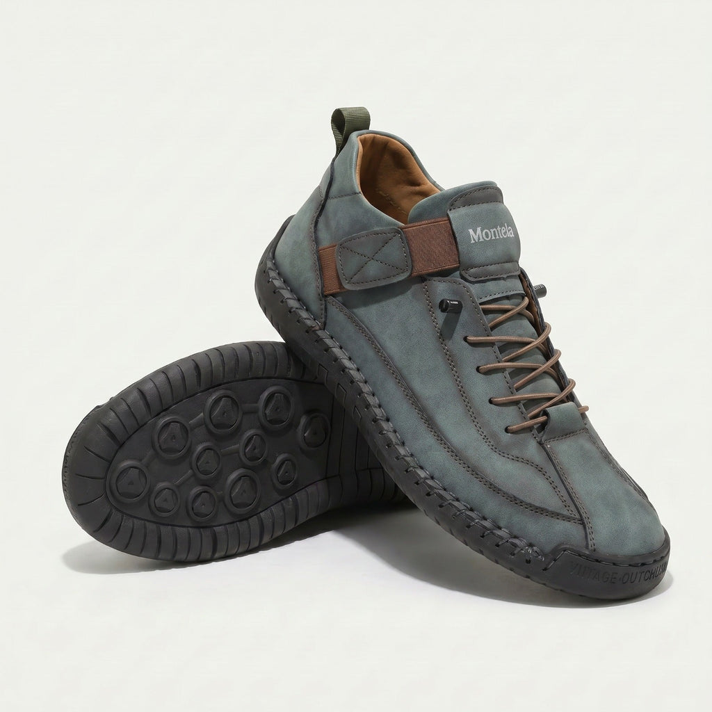 High-top lace-up sneakers with side strap detail and textured flat soles