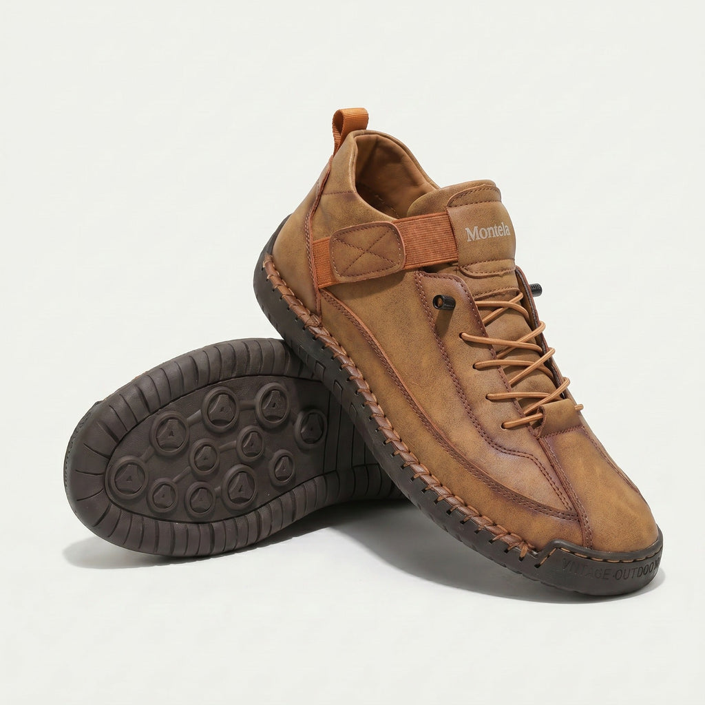 High-top lace-up sneakers with side strap detail and textured flat soles