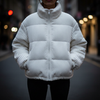Women's cropped quilted jacket with ribbed texture, high collar and long sleeves