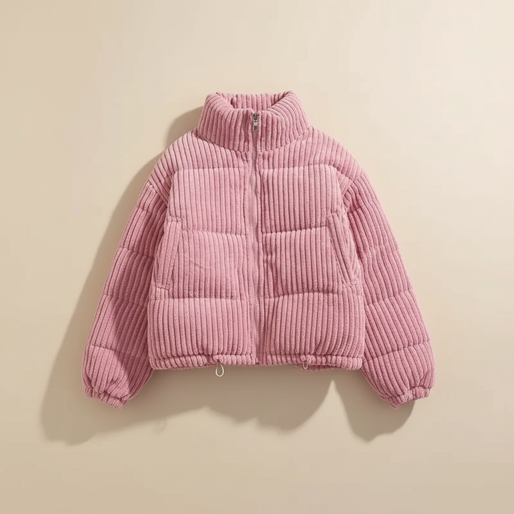 Women's cropped quilted jacket with ribbed texture, high collar and long sleeves