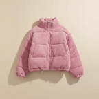 Women's cropped quilted jacket with ribbed texture, high collar and long sleeves