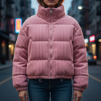 Women's cropped quilted jacket with ribbed texture, high collar and long sleeves