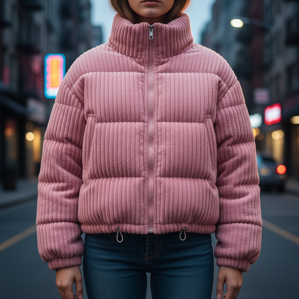 Women's cropped quilted jacket with ribbed texture, high collar and long sleeves