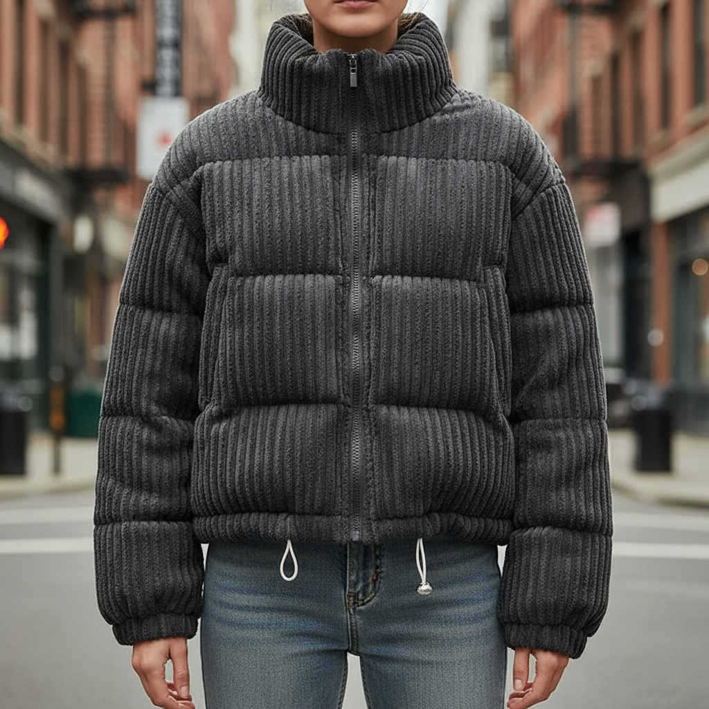 Women's cropped quilted jacket with ribbed texture, high collar and long sleeves