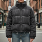 Women's cropped quilted jacket with ribbed texture, high collar and long sleeves