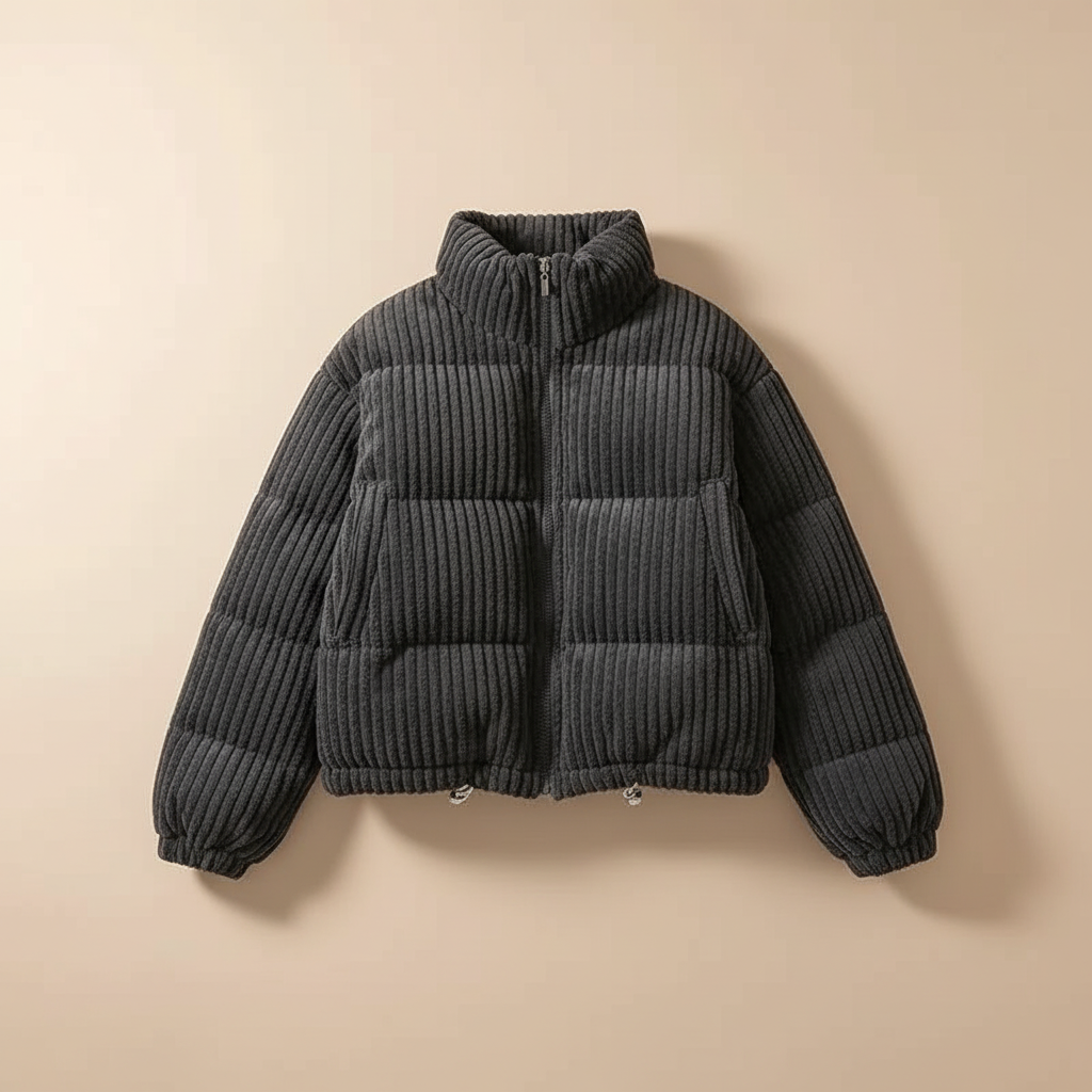 Women's cropped quilted jacket with ribbed texture, high collar and long sleeves