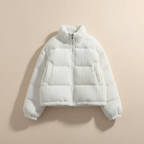 Women's cropped quilted jacket with ribbed texture, high collar and long sleeves