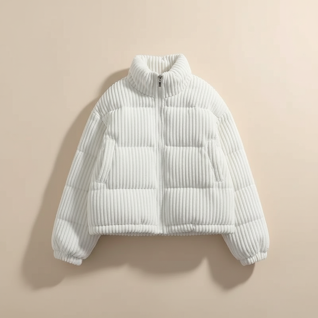 Women's cropped quilted jacket with ribbed texture, high collar and long sleeves