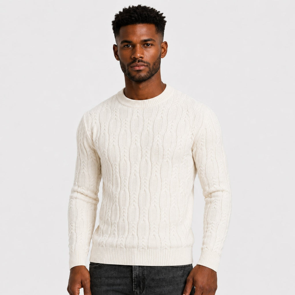 Men's cable knit crew neck jumper with long sleeves
