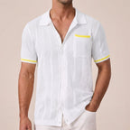 Men's openwork short-sleeve shirt with camp collar and buttons