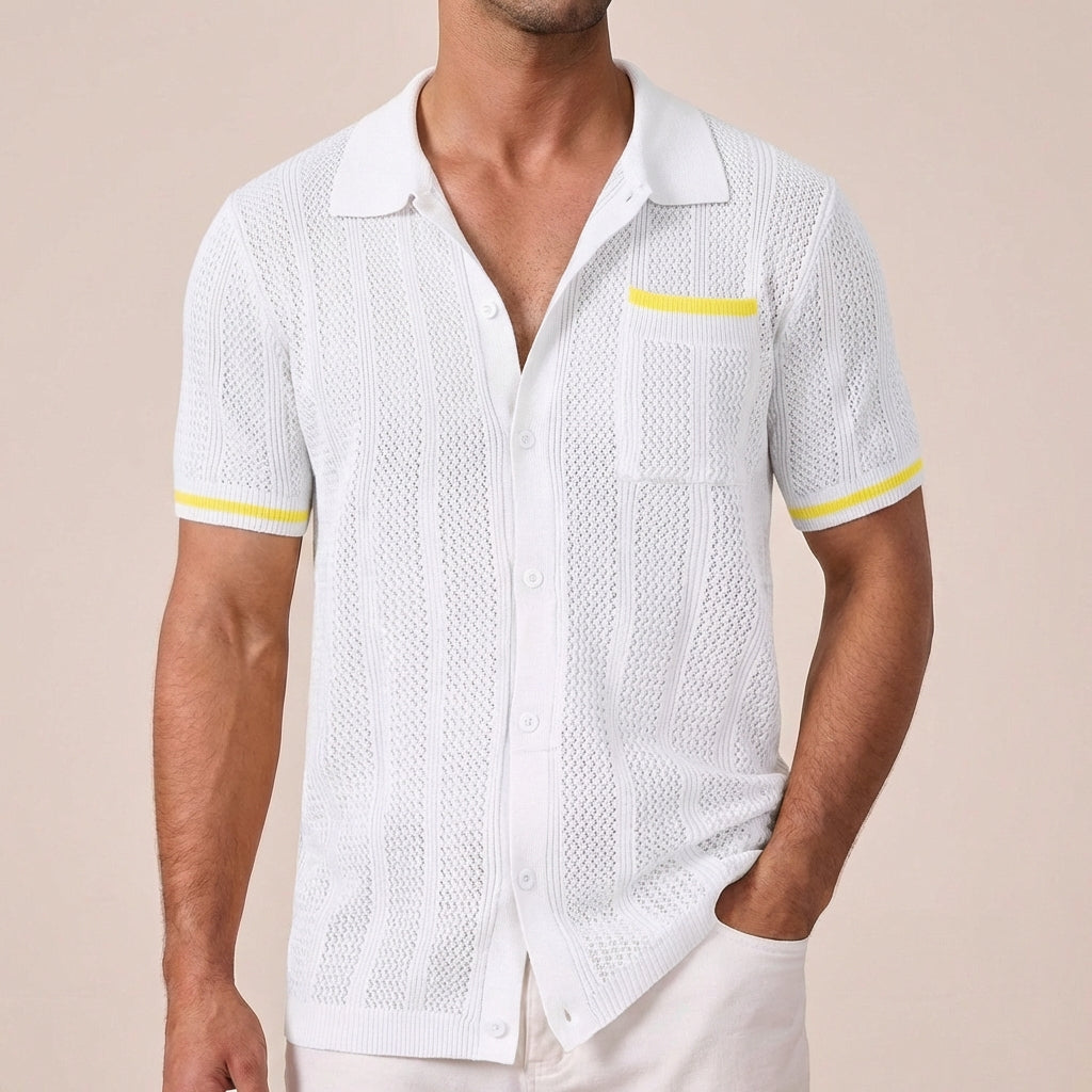 Men's openwork short-sleeve shirt with camp collar and buttons
