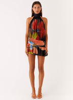 Women's multicolor floral halter mini dress with ruffle hem