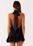 Women's multicolor floral halter mini dress with ruffle hem