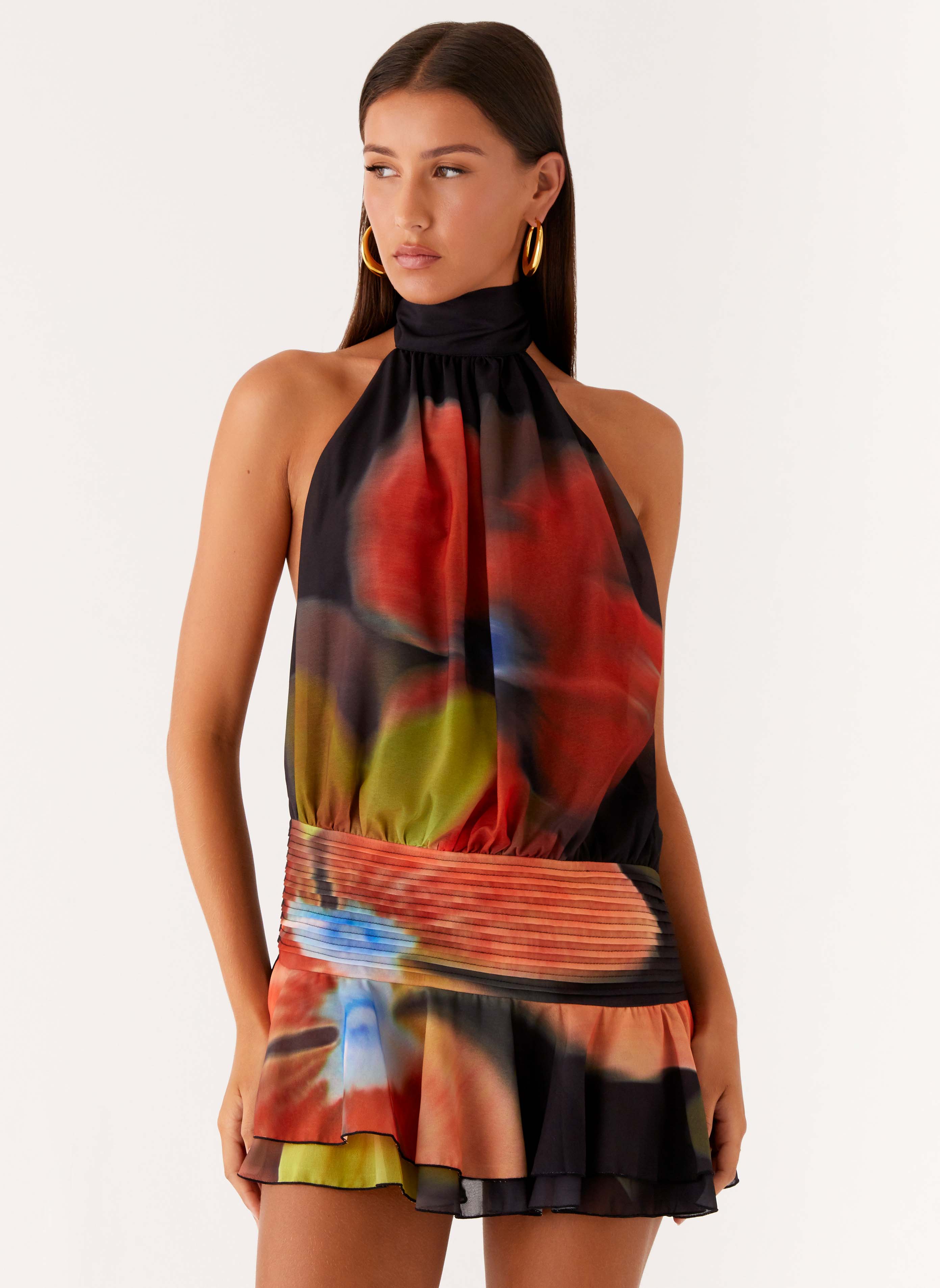 Women's multicolor floral halter mini dress with ruffle hem