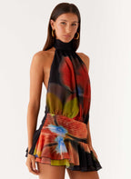 Women's multicolor floral halter mini dress with ruffle hem