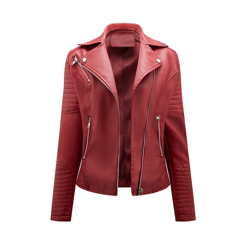 Women's short biker jacket with notched lapels, long sleeves, zip pockets and quilted panels