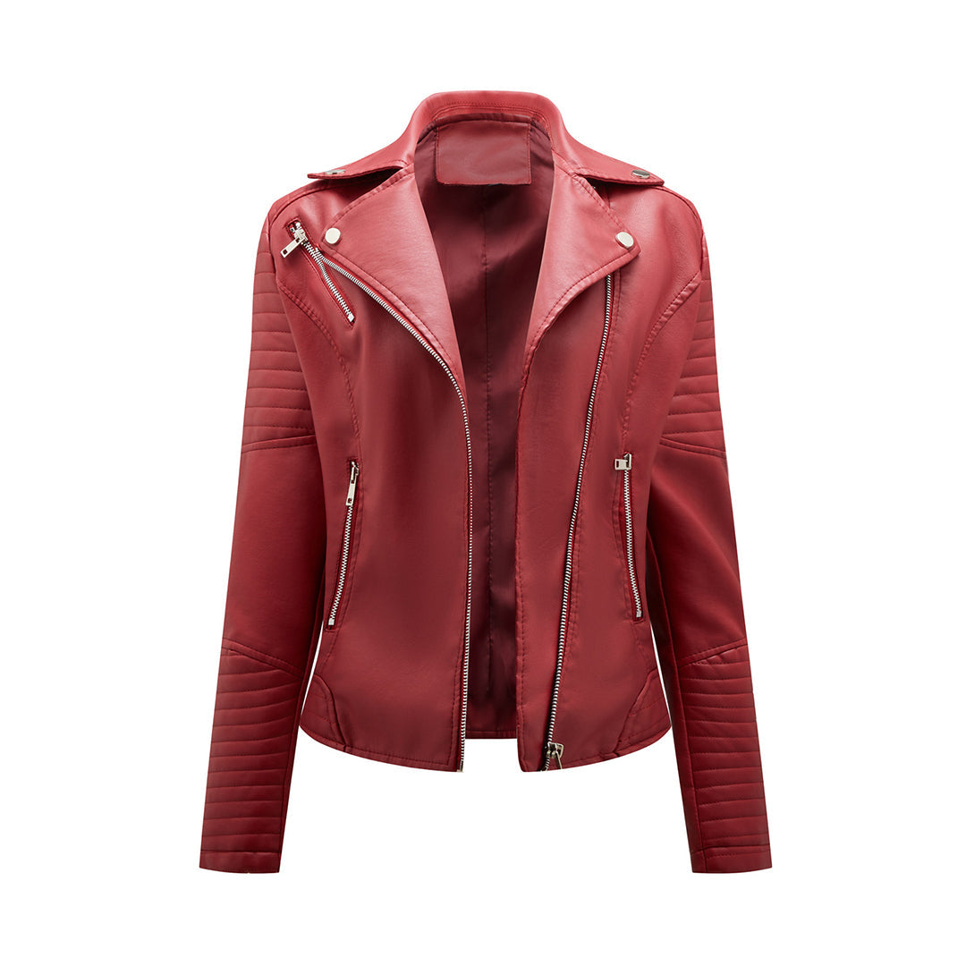 Women's short biker jacket with notched lapels, long sleeves, zip pockets and quilted panels