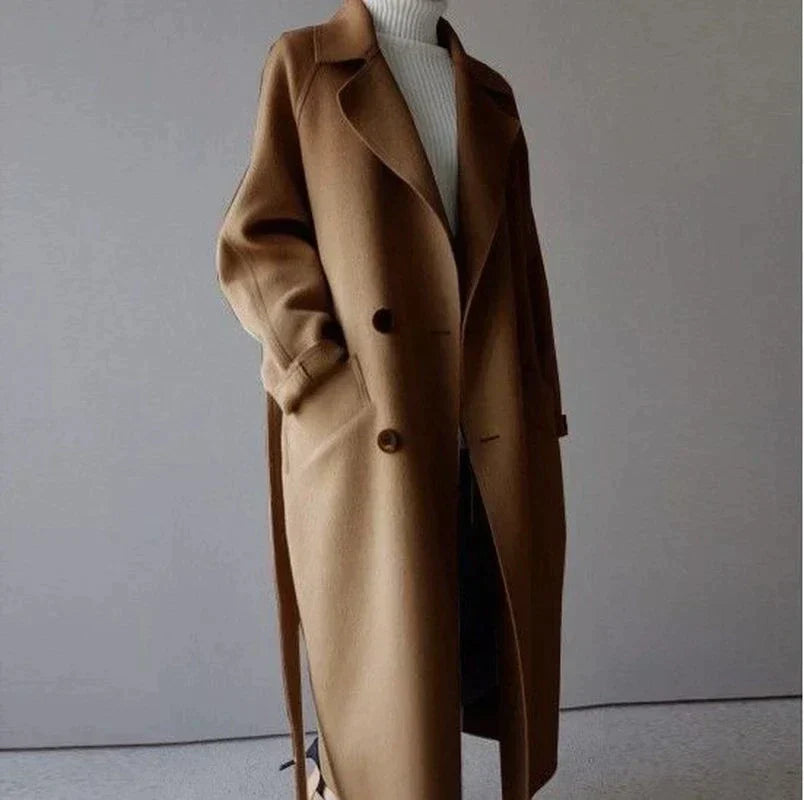 Women's long trench coat with lapels, belt and double-breasted buttons