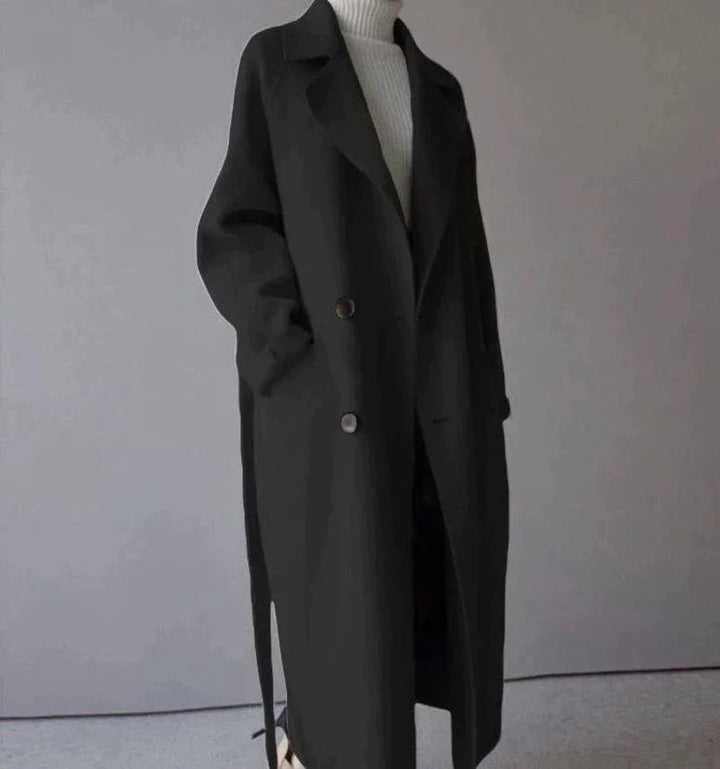 Women's long trench coat with lapels, belt and double-breasted buttons