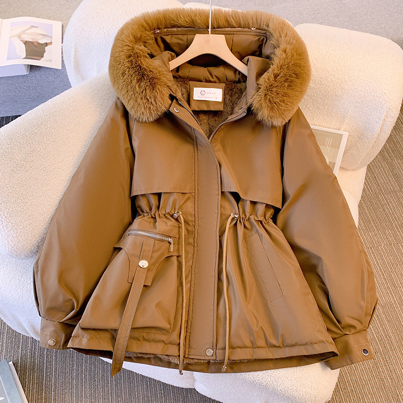 Women's hooded winter jacket with faux fur trim and drawstring waist