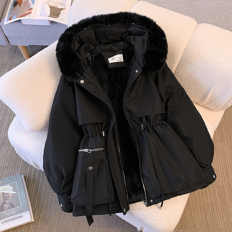 Women's hooded winter jacket with faux fur trim and drawstring waist