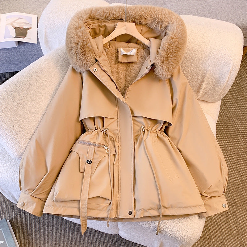 Women's hooded winter jacket with faux fur trim and drawstring waist
