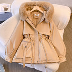 Women's hooded winter jacket with faux fur trim and drawstring waist