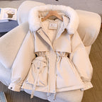 Women's hooded winter jacket with faux fur trim and drawstring waist