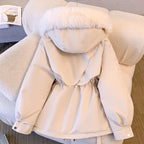 Women's hooded winter jacket with faux fur trim and drawstring waist